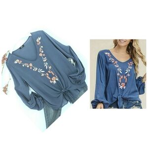 NEW Boho Embroidered Floral Front-Tie Blouse